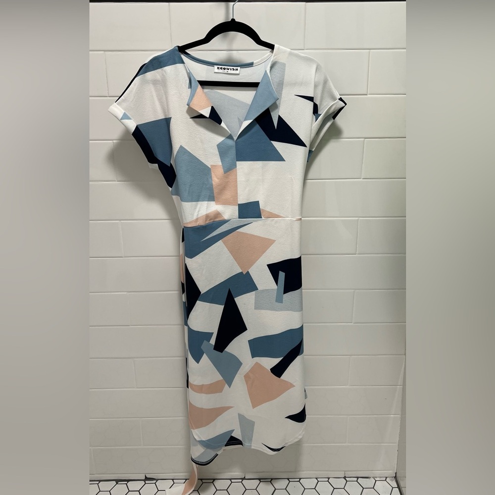 EcoWish Crepe Sheath midi length Dress with a multicolor geometric pattern.